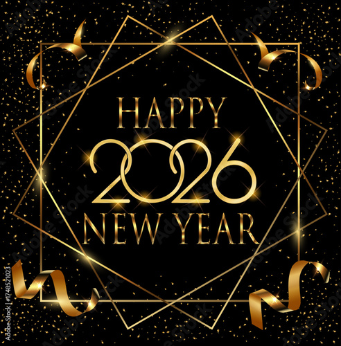 Card or banner to wish a happy new year 2026 in gold in a square and two gold diamonds on a black background with gold glitter and ribbons