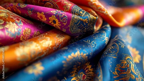 A collection of beautiful ornate and colorful silk materials.