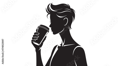 Silhouette of a woman drinking coffee from a disposable cup isolated on white background vector illustration for advertising
