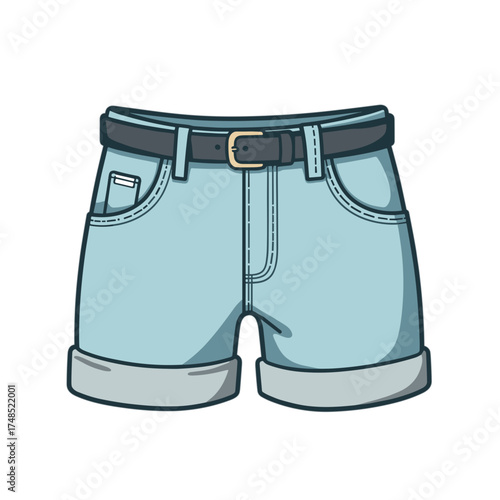 Cartoon blue denim shorts with rolled cuffs and black belt  