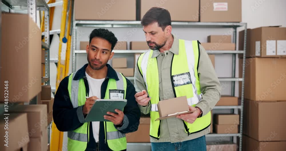 Someone Inspecting Inventory People, check and boxes with tablet at warehouse for inspection, stock ...
