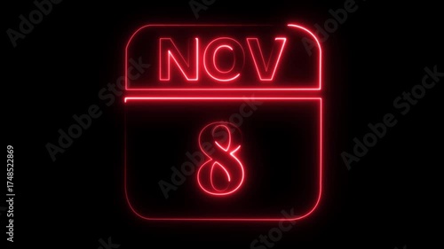 Neon red glowing calendar icon showing November 8th on a black background date month