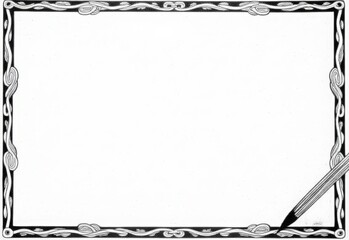 Ornate black and white border with decorative elements and a quill pen in the corner