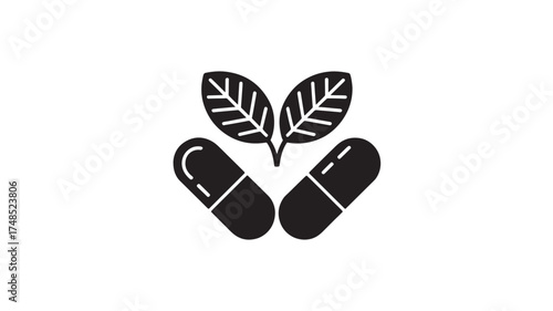 Herbal medicine icon with leaves and capsules alternative treatment vector glyph for healthcare and wellness isolated on white background