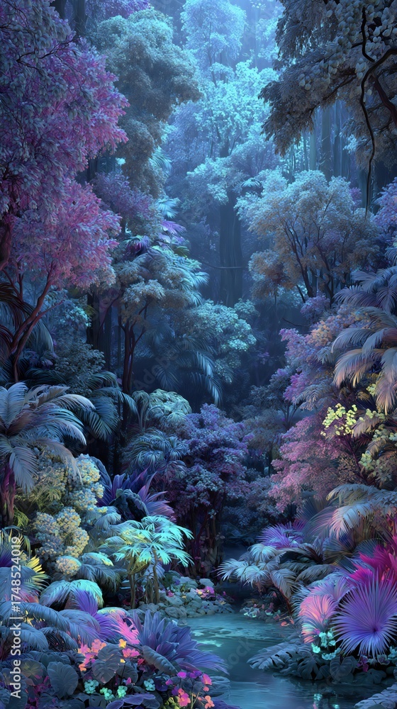 Obraz premium Vibrant Fantasy Forest: Luminous Stream & Flora 