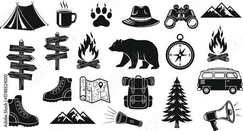 Camping icon set, hiking gear, tent, bear, compass, boots, outdoor adventure symbols, cad drawing flat vector illustration