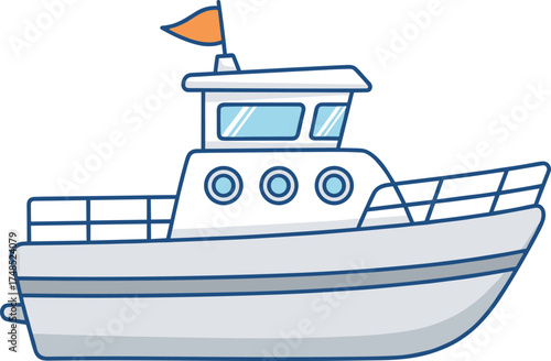Cartoon boat, utility vessel, white hull, cabin windows, orange flag, marine transport, CAD drawing, flat vector, technical sketch, nautical design