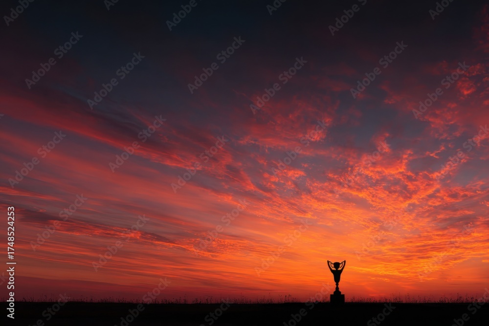 Obraz premium Silhouette of figure holding trophy aloft during a bright red sunset, standing atop a hill and appearing victorious