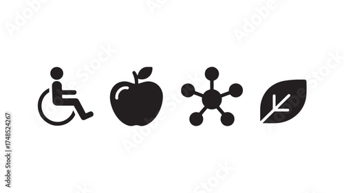 Set of minimalist icons featuring accessibility food science and nature symbols simple flat vector glyphs isolated on white background