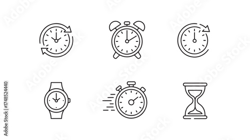 Set of time icons line art vector illustration of clock alarm hourglass and watch isolated on white background