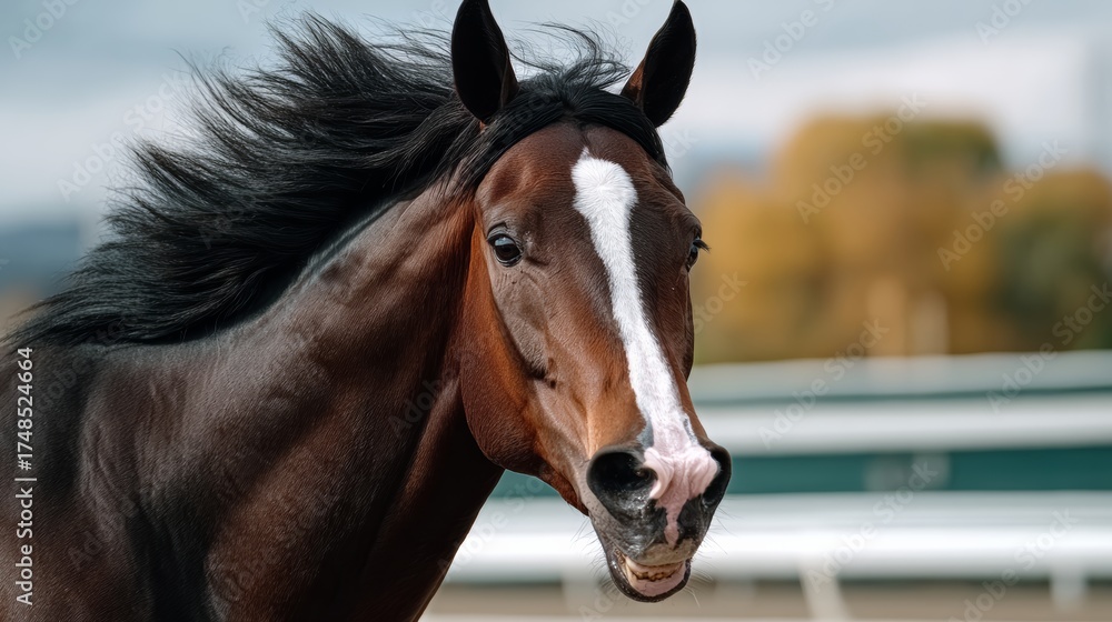 Obraz premium Brown horse with a white face is standing in a field. The horse has a white stripe on its face and is looking at the camera