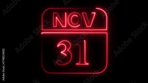 Red Neon Calendar Icon Showing November 31st Date On Black Background thirty one