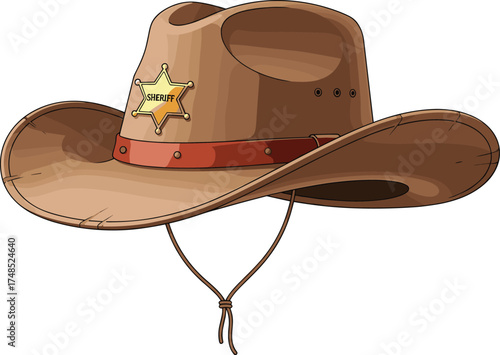 Sheriff cowboy hat, western style, brown brim, red band, gold badge, chin strap, CAD drawing, flat vector, technical sketch, wild west