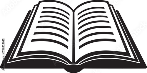 Black and white open book icon with pages and cover reading knowledge