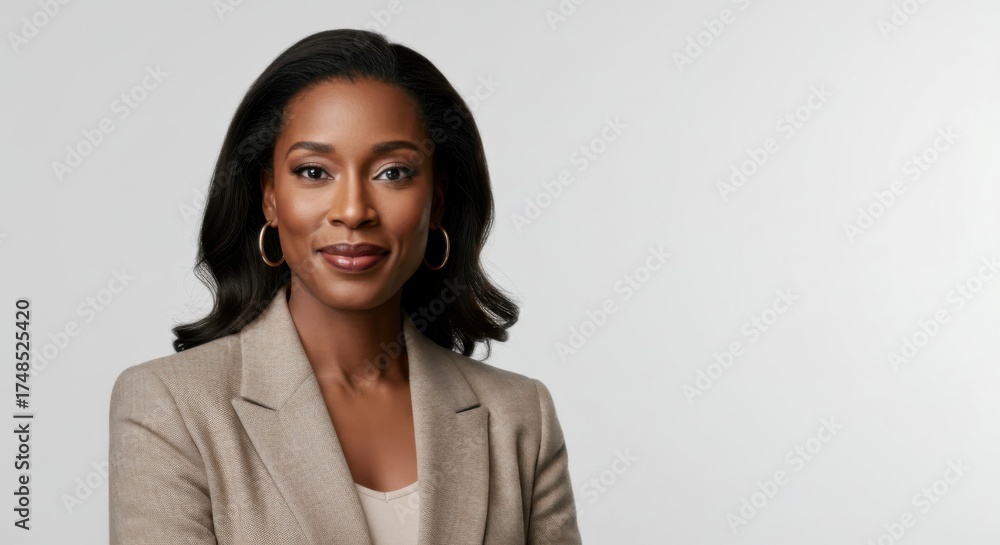 Fototapeta premium Corporate or marketing portrait: elegant black woman smiling in business attire with copy space.