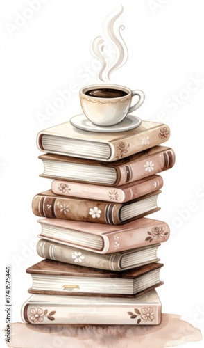 Watercolor stack of books and cup of coffee 