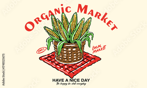 Retro artwork of a basket of organic corn on a checkered cloth. Vintage illustration for local market branding, t shirt prin