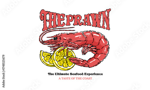 Vintage illustration of a fresh prawn with lemon. Retro seafood artwork for restaurant t shirt print, poster