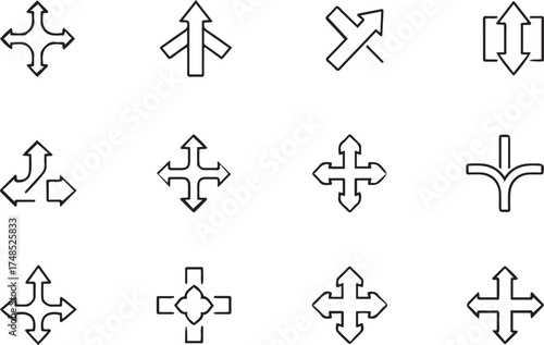 Set of Arrow Icons Showing Different Directions and Junctions arrows navigation