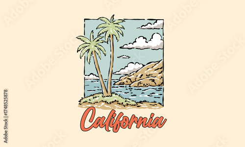 vintage illustration of a California coastal scene. Retro artwork of palm trees and the ocean for a t shirt print