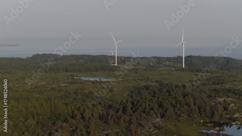 Wind turbines standing tall in coastal green landscape