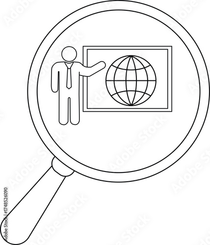 Magnifying glass focuses on a man presenting a globe on a board a presentation of some sort