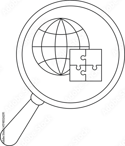 Magnifying glass showing a globe and a puzzle suggesting investigation of global issues or problemsolving
