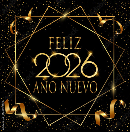 Tarjeta o pancarta para desear un feliz año nuevo 2026 en dorado en un cuadrado y dos diamantes dorados sobre fondo negro con brillo dorado y cintas