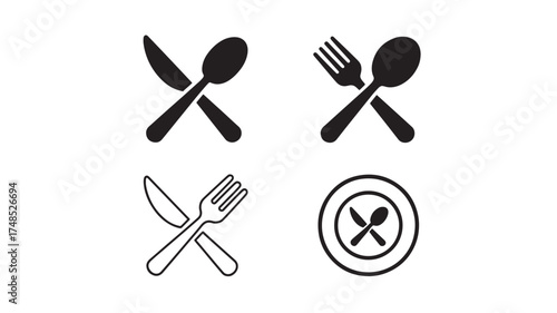 Set of crossed cutlery icons simple flat vector design elements for restaurant menu isolated on white background