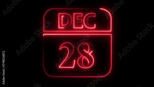 Red Neon Calendar Icon Displaying December 28th Date On A Black Background twenty eight