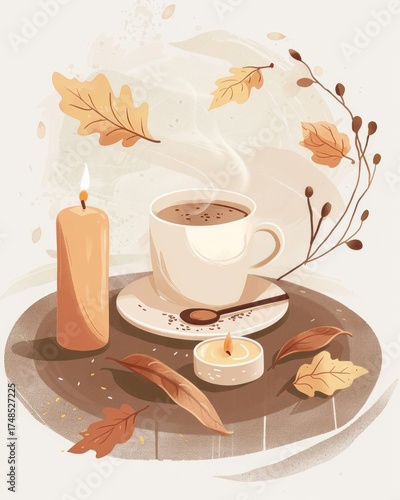 A drawing of a cup of coffee with a candle and leaves on a table