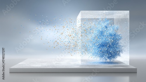 Abstract blue particle cloud dissolving from a transparent glass cube on a pedestal.