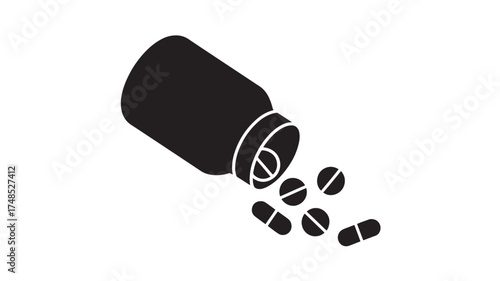 Pills spilling from a bottle simple black vector illustration isolated on white background for medical or pharmaceutical use