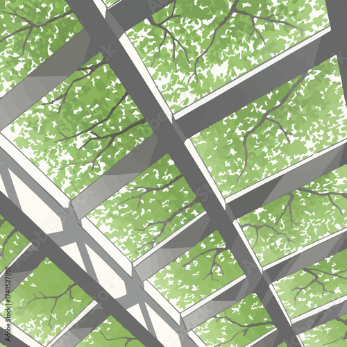 Green leaves seen through a modern architectural structure.