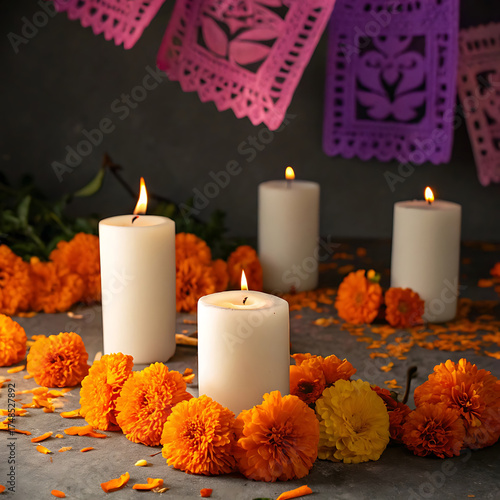 Day of the dead altar with marigolds and lit candles