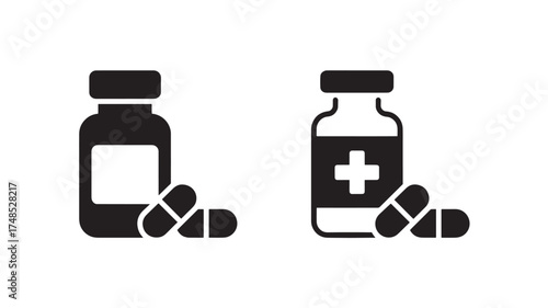 Pill bottle icon set minimalist vector glyph design isolated on white background for medical and pharmaceutical use