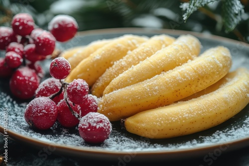Plate of powdered bananas and berries.