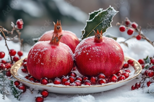 pomegranates on snow-covered plate.