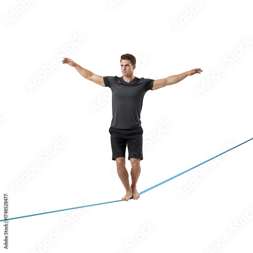 Young Athletic Man Balancing Barefoot on Slackline Rope with Arms Outstretched Against Transparent Background