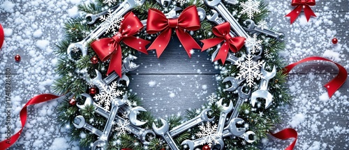 Christmas mechanic wreath made of wrenches nuts bolts and snowflake ornaments with red bows on rustic wooden background winter workshop