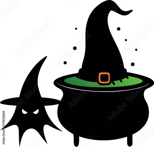 Witch Hat with Tattered Edges Next to Cauldron – Halloween Illustration