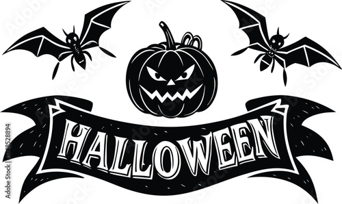 Halloween vector art of halloween themed illustration showcasing a grinning pumpkin, a spider, and a larger spider, all above a banner with the word halloween in a dripping font	