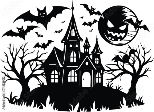 Halloween, vector illustration vector art of a spooky haunted house silhouette with bats flying around, perfect for halloween themed designs and decorations	