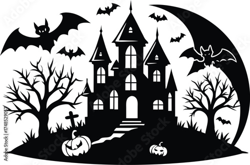 Halloween, vector illustration vector art of a spooky haunted house silhouette with bats flying around, perfect for halloween themed designs and decorations	