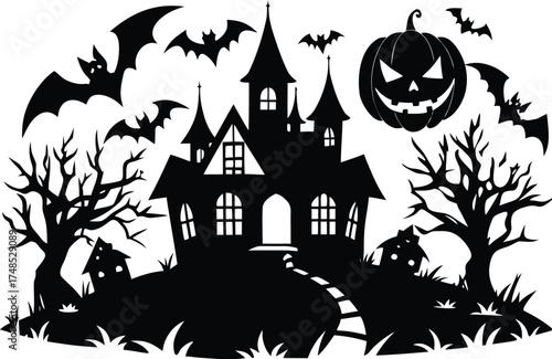 Halloween, vector illustration vector art of a spooky haunted house silhouette with bats flying around, perfect for halloween themed designs and decorations	