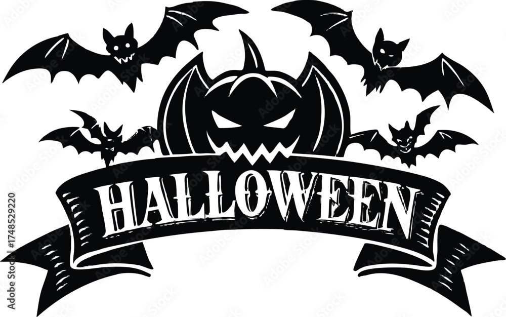 Fototapeta premium Halloween vector art of halloween themed illustration showcasing a grinning pumpkin, a spider, and a larger spider, all above a banner with the word halloween in a dripping font 