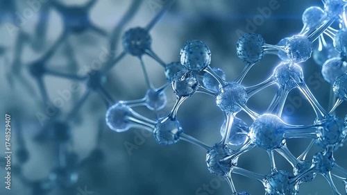 Close up view of a blue molecular structure with interconnected atoms and chemical bonds, illustrating chemistry, nanotechnology, biotechnology, and research concepts for visuals