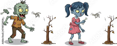 Zombie cartoon, missing hand, spooky humor, Halloween illustration, undead characters, creepy parody, funny horror, floating bones, graveyard scene, animated undead