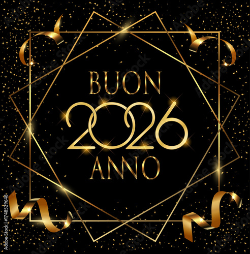 Biglietto o striscione per augurare un felice anno nuovo 2026 in oro in un quadrato e due diamanti dorati su sfondo nero con glitter dorati e nastri