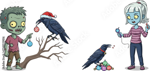 Zombie Christmas, cartoon holiday, spooky ornaments, undead celebration, crow humor, festive horror, Halloween meets Christmas, funny illustration, creepy decor, seasonal parody
